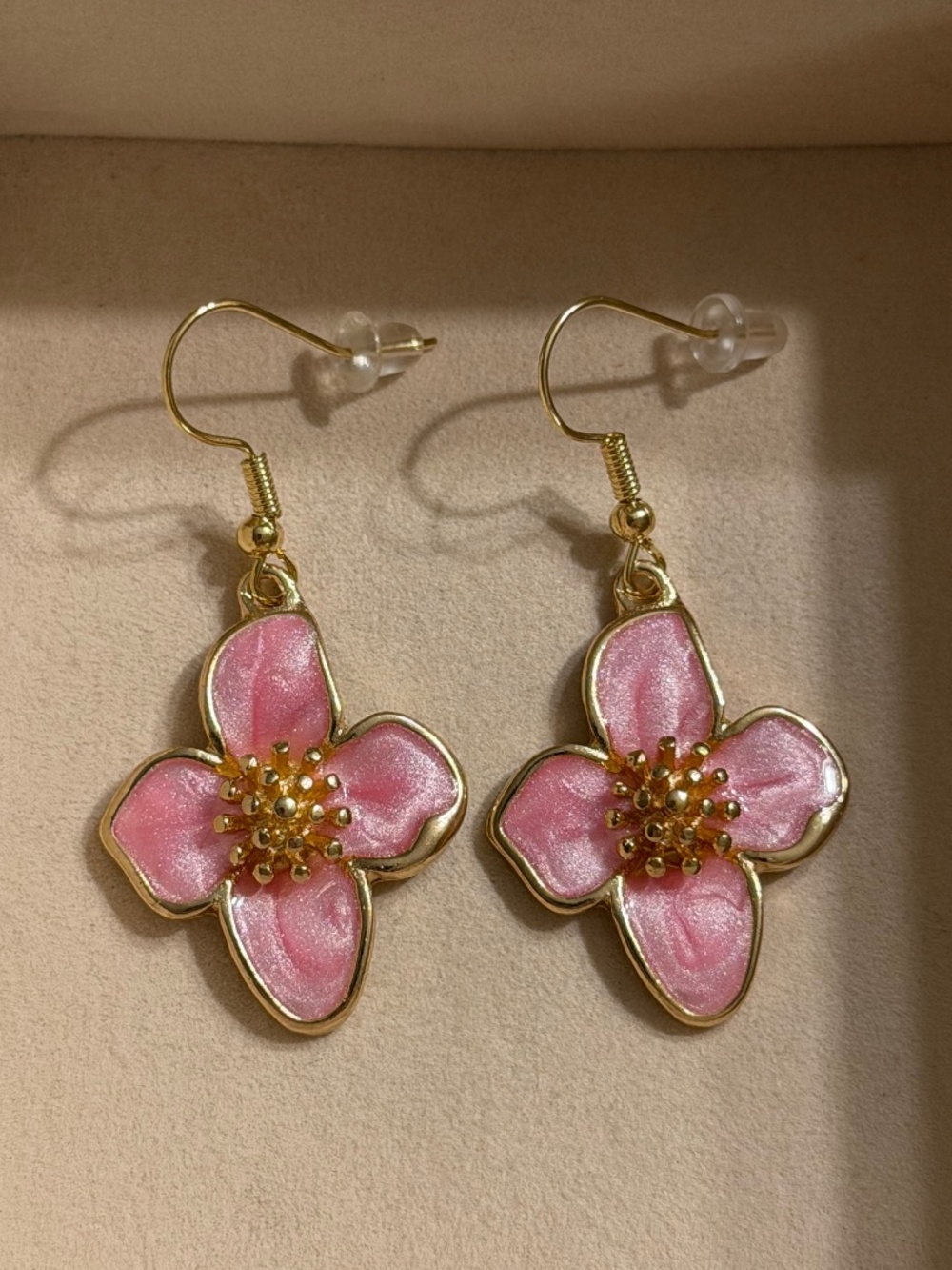 Golden Rose Pink 4-Petals Flower Enamel Dangle Drop Hook Earrings